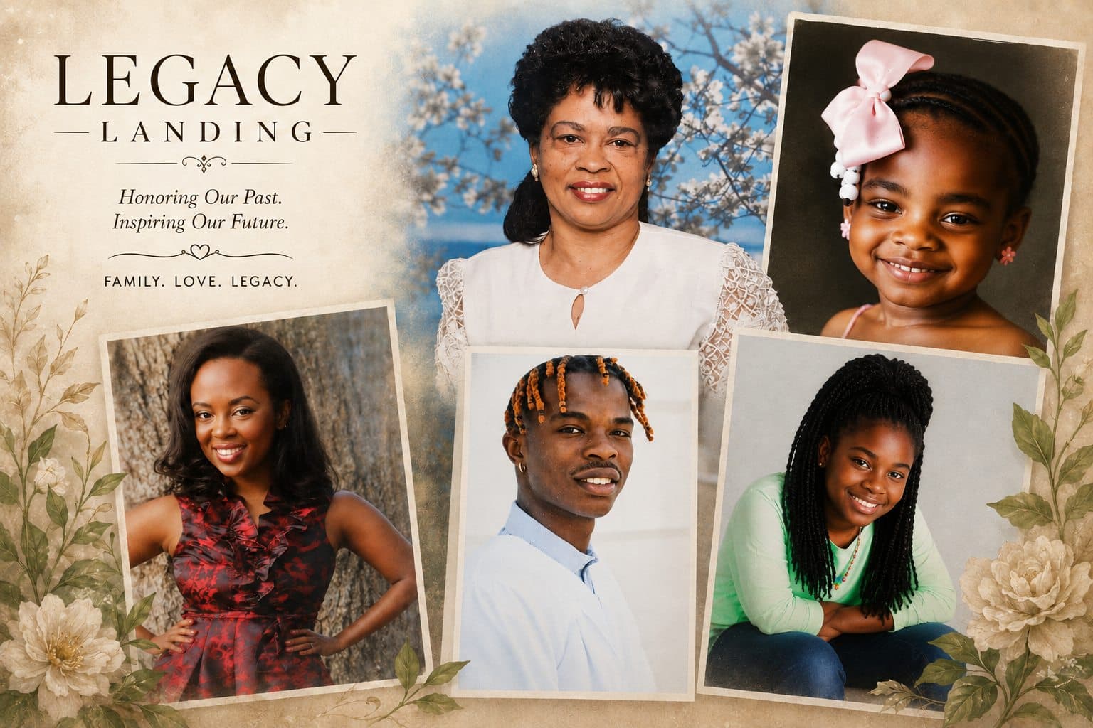 The Legacy Landing family portrait — a vintage-styled collage of family members framed by florals, with the Legacy Landing wordmark and the words “Honoring Our Past. Inspiring Our Future. Family. Love. Legacy.”